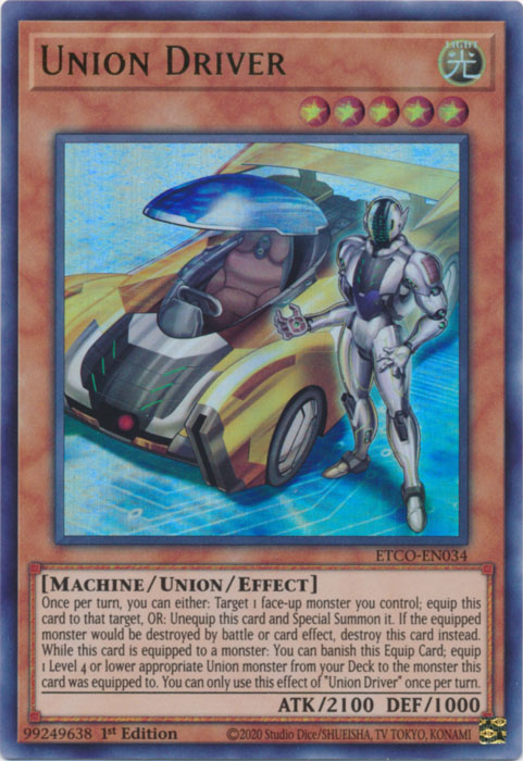 An Ultra Rare "Union Driver" card from the Yugioh Set: Eternity Code.