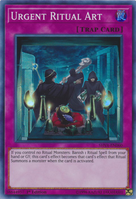 A Super Rare "Urgent Ritual Art" card from the Yugioh Set: Shadows in Valhalla (SHVA).