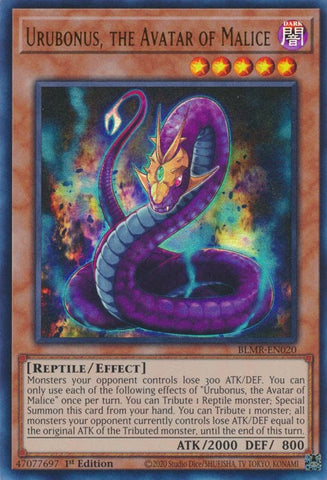 An Ultra Rare "Urubonus, the Avatar of Malice" card from the Yugioh Set: Battles of Legend: Monstrous Revenge (BLMR).