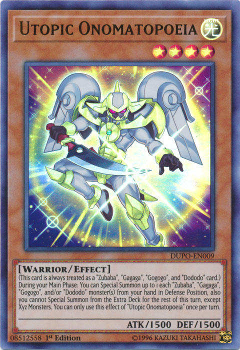  An Ultra Rare "Utopic Onomatopoeia" card from the Yugioh Set: Duel Power.