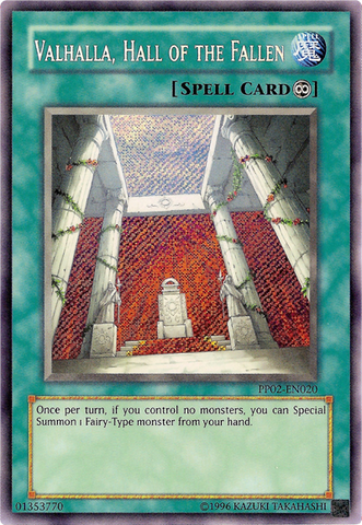 A Secret Rare "Valhalla, Hall of the Fallen" card from the Yugioh Set: Premium Pack 2 (PP02).