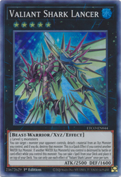 A Super Rare "Valiant Shark Lancer" card from the Yugioh Set: Eternity Code (ETCO).