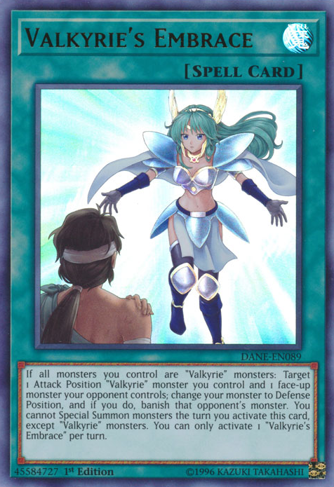 An Ultra Rare "Valkyrie's Embrace" card from the Yugioh Set: Dark Neostorm.