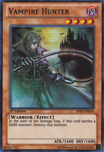 A Super Rare "Vampire Hunter" card from the Yugioh Set: Shadow Specters.