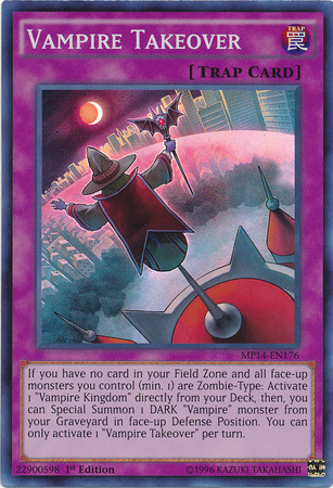 A Super Rare "Vampire Takeover" card from the Yugioh 2014 Mega-Tin Mega Pack.