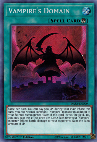 A Secret Rare "Vampire's Domain" card from the Yugioh Set: Dark Saviors.