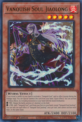 An Ultra Rare "Vanquish Soul Jiaolong" card from the Yugioh Set: Age of Overlord (AGOV).