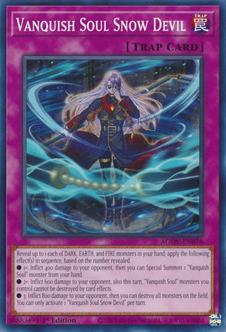A Common "Vanquish Soul Snow Devil" card from the Yugioh Set: Age of Overlord (AGOV).