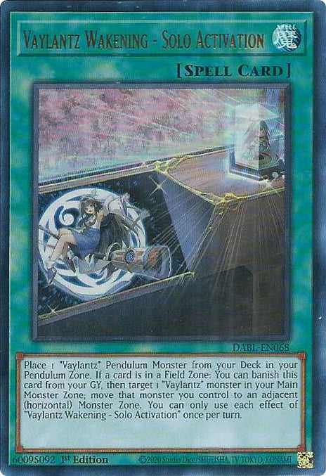An Ultra Rare "Vaylantz Wakening - Solo Activation" card from the Yugioh Set: Darkwing Blast (DABL).