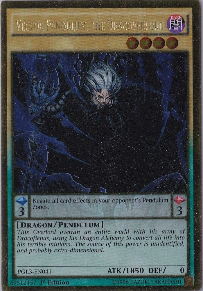 A Gold Rare "Vector Pendulum, the Dracoverlord" card from the Yugioh Set: Premium Gold: Infinite Gold (PGL3).