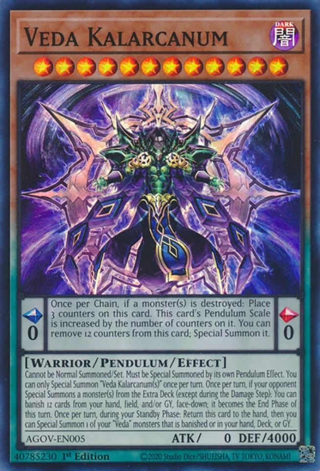 A Super Rare "Veda Kalarcanum" card from the Yugioh Set: Age of Overlord.