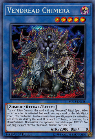 A Secret Rare "Vendread Chimera" card from the Yugioh 2018 Mega-Tin Mega Pack.