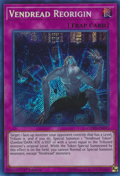A Secret Rare "Vendread Reorigin" card from the Yugioh Set: Code of the Duelist (COTD).