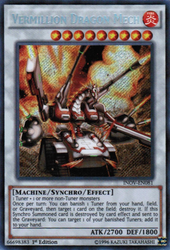 A Secret Rare "Vermillion Dragon Mech" card from the Yugioh Set: Invasion: Vengeance.