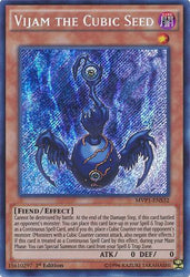 A Secret Rare "Vijam the Cubic Seed" card from the Yugioh Set: The Dark Side of Dimensions Movie Pack: Secret Edition.