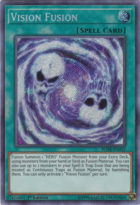 A Secret Rare "Vision Fusion" card from the Yugioh Set: Battles of Legend: Hero's Revenge (BLHR).