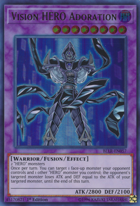 An Ultra Rare "Vision Hero Adoration" card from the Yugioh Set: Battles of Legend: Lights Revenge (BLLR).
