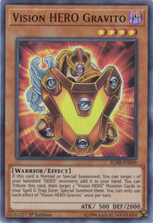 An Ultra Rare "Vision Hero Gravito" card from the Yugioh Set: Battles of Legend: Hero's Revenge (BLHR).