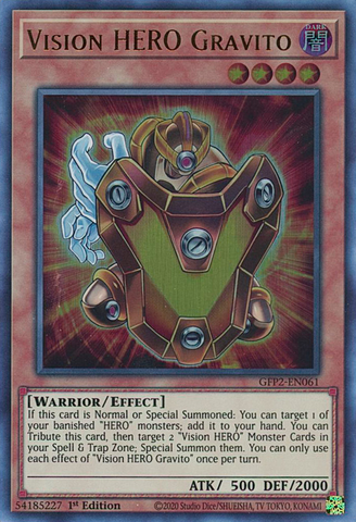 An Ultra Rare "Vision Hero Gravito" card from the Yugioh Set: Ghosts From the Past: The 2nd Haunting (GFP2).