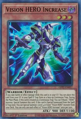  An Ultra Rare "Vision Hero Increase" card from the Yugioh Set: Ghosts From the Past: The 2nd Haunting (GFP2).