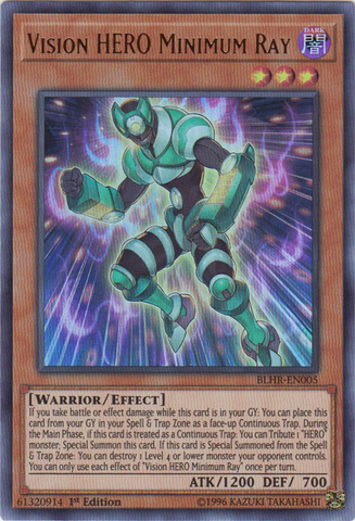 An Ultra Rare "Vision Hero Minimum Ray" card from the Yugioh Set: Battles of Legend: Hero's Revenge (BLHR).