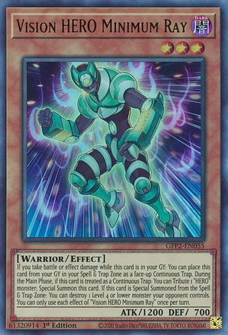 An Ultra Rare "Vision Hero Minimum Ray" card from the Yugioh Set: Ghosts From the Past: The 2nd Haunting (GFP2).
