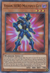 An Ultra Rare "Vision Hero Multiply Guy" card from the Yugioh Set: Battles of Legend: Hero's Revenge (BLHR).