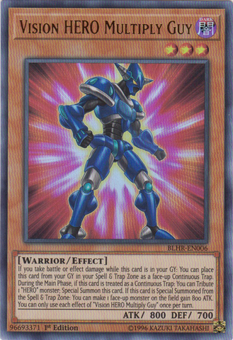 An Ultra Rare "Vision Hero Multiply Guy" card from the Yugioh Set: Battles of Legend: Hero's Revenge (BLHR).