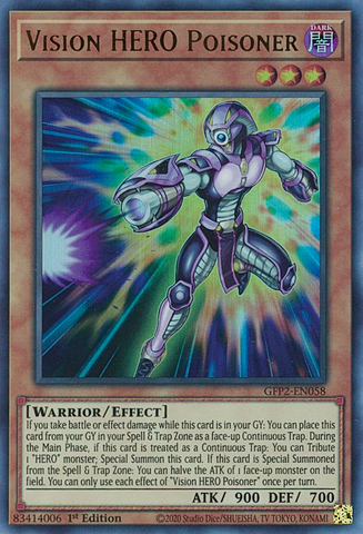 An Ultra Rare "Vision Hero Poisoner" card from the Yugioh Set: Ghosts From the Past: The 2nd Haunting (GFP2).