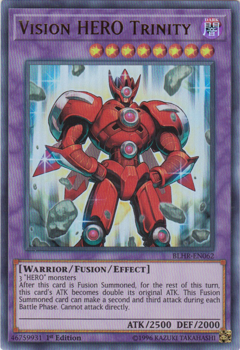 An Ultra Rare "Vision Hero Trinity" card from the Yugioh Set: Battles of Legend: Hero's Revenge (BLHR).