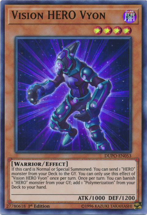 An Ultra Rare "Vision Hero Vyon" card from the Yugioh Set: Duel Power (DUPO).