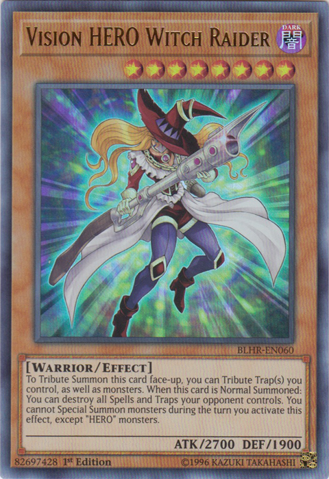 An Ultra Rare "Vision Hero Witch Raider" card from the Yugioh Set: Battles of Legend: Hero's Revenge (BLHR).