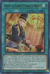 An Ultra Rare "Voici La Carte (Today's Menu)" card from the Yugioh Set: Wild Survivors.