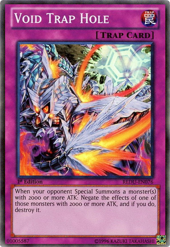 A Super Rare "Void Trap Hole" card from the Yugioh Set: Return of the Duelist (REDU).