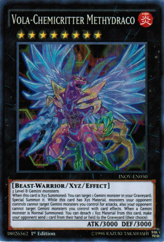 A Super Rare "Vola-Chemicritter Methydraco" card from the Yugioh Set: invasion: Vengeance (INOV).