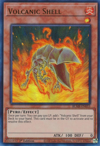 An Ultra Rare "Volcanic Shell" card from the Yugioh Set: Battles of Legend: Monstrous Revenge (BLMR).