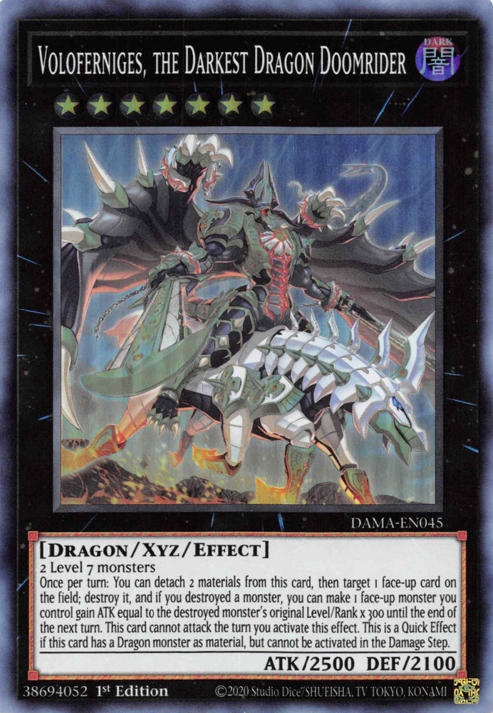 A Super Rare "Voloferniges, the Darkest Dragon Doomrider" card from the Yugioh Set: Dawn of Majesty (DAMA).