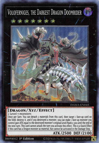 A Super Rare "Voloferniges, the Darkest Dragon Doomrider" card from the Yugioh Set: Dawn of Majesty (DAMA).