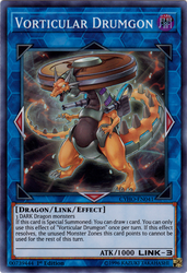 A Super Rare "Vorticular Drumgon" card from the Yugioh Set: Cybernetic Horizon.