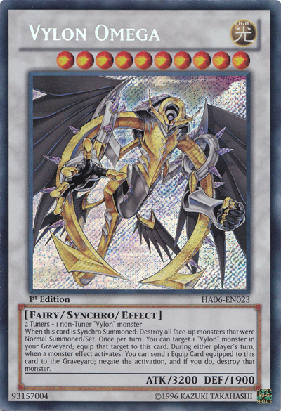 A Secret Rare "Vylon Omega" card from the Yugioh Set: Hidden Arsenal 6: Omega Xyz.