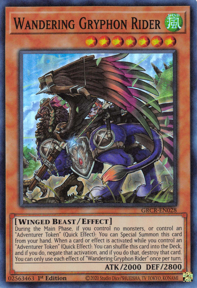  A Super Rare "Wandering Gryphon Rider" card from the Yugioh Set: The Grand Creators.