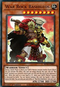 An Ultra Rare "War Rock Bashileos" card from the Yugioh Set: Blazing Vortex.