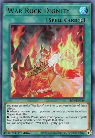 An Ultra Rare "War Rock Dignity" card from the Yugioh Set: Lightning Overdrive.