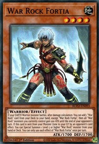 A Super Rare "War Rock Fortia" card from the Yugioh Set: Blazing Vortex (BLVO).