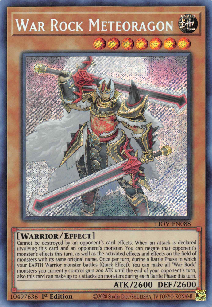 A Secret Rare "War Rock Meteoragon" card from the Yugioh Set: Lightning Overdrive (LIOV).