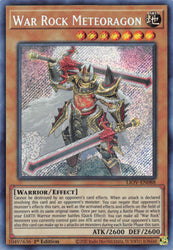 A Secret Rare "War Rock Meteoragon" card from the Yugioh Set: Lightning Overdrive (LIOV).