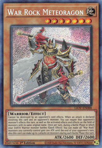 A Secret Rare "War Rock Meteoragon" card from the Yugioh Set: Lightning Overdrive.