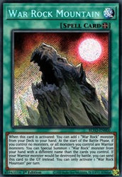 A Secret Rare "War Rock Mountain" card from the Yugioh Set: Blazing Vortex (BLVO).