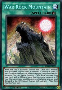 A Secret Rare "War Rock Mountain" card from the Yugioh Set: Blazing Vortex.