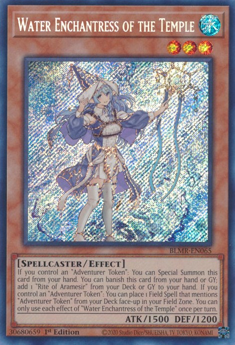 A Secret Rare "Water Enchantress of the Temple" card from the Yugioh Set: Battles of Legend: Monstrous Revenge (BLMR).